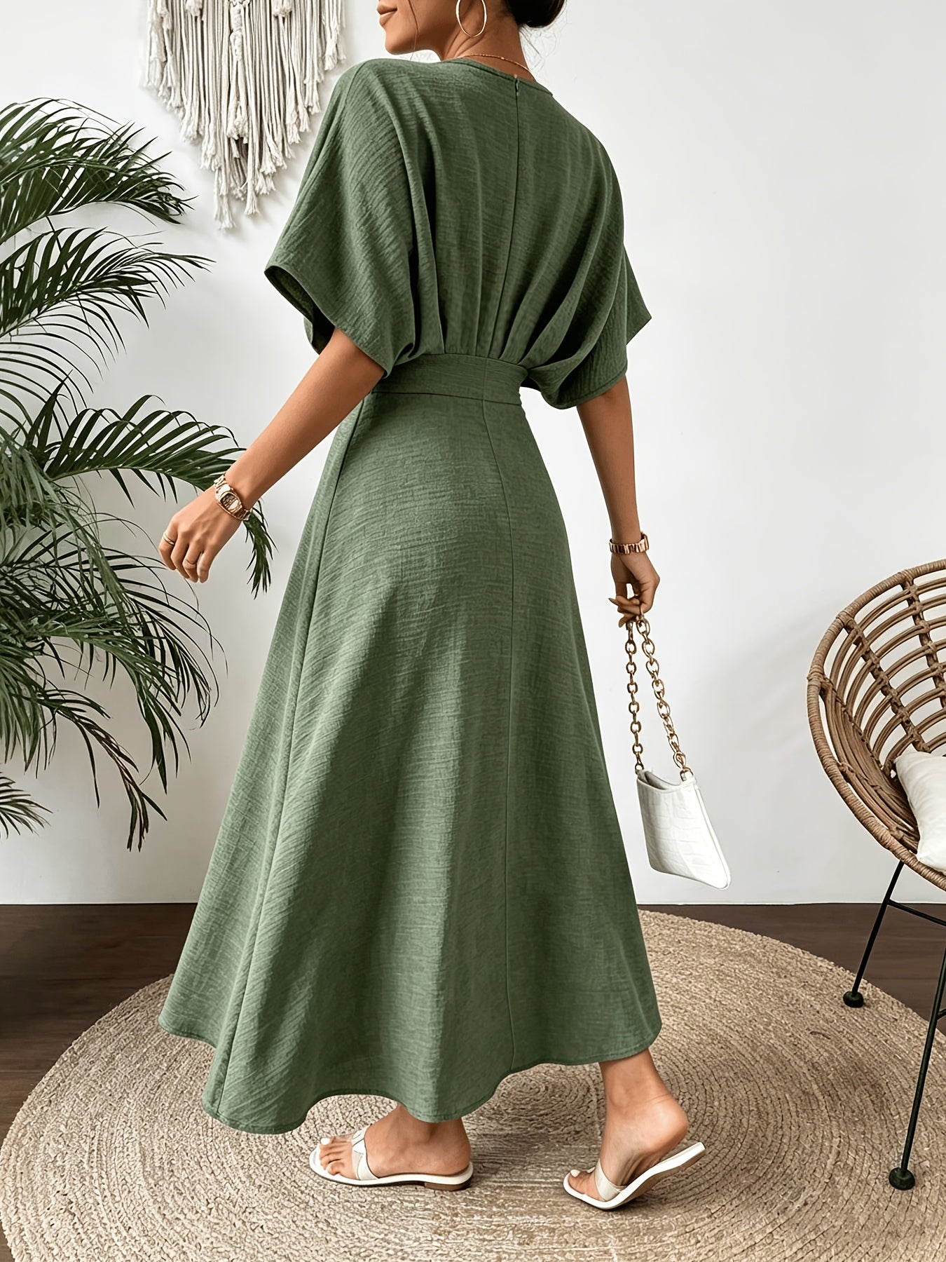Batwing Sleeve Ruffle V-Neck Midi Dress