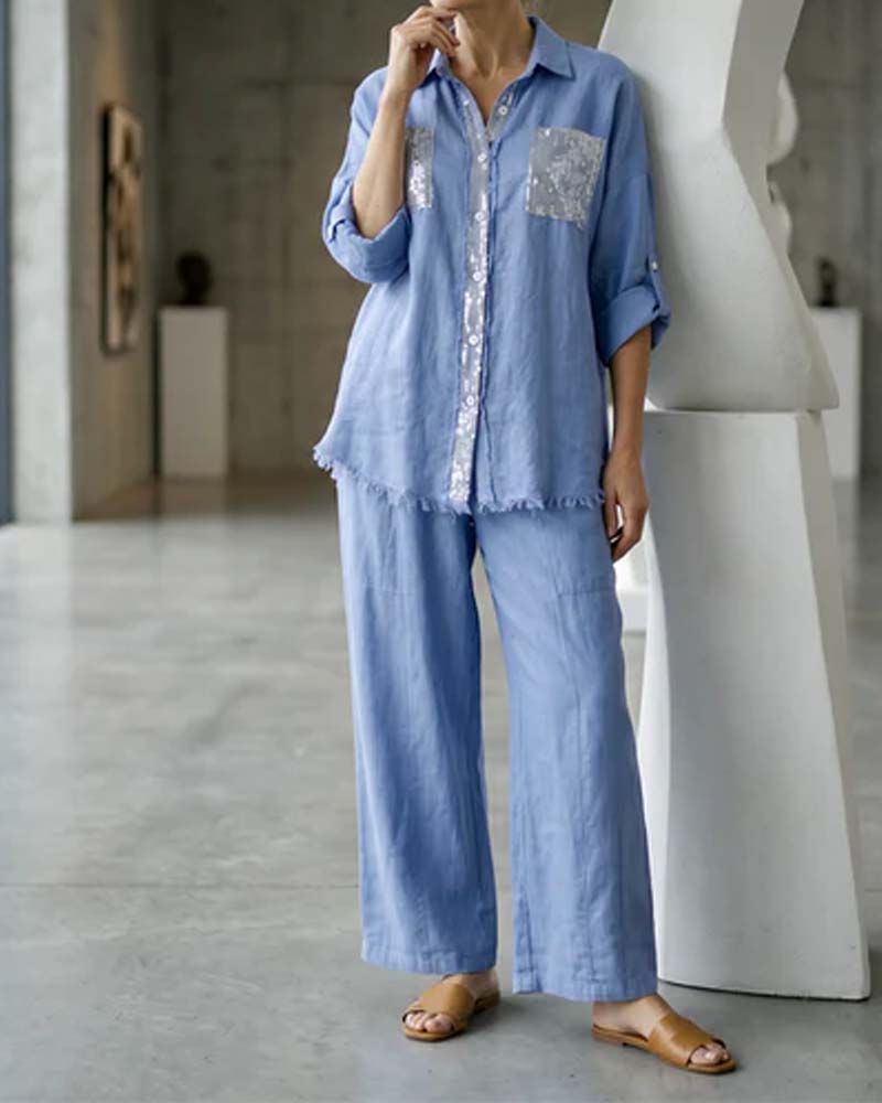 Blue V-Neck Shimmer Wide-Leg Co-ord Set