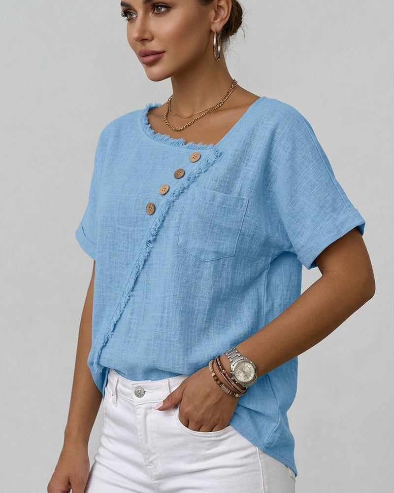 Raw edge bias cut blouse, side view