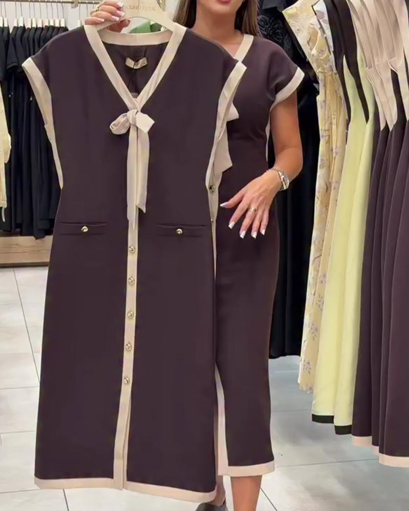 Coffee V-Neck Bow Detail Button-Front Midi Dress