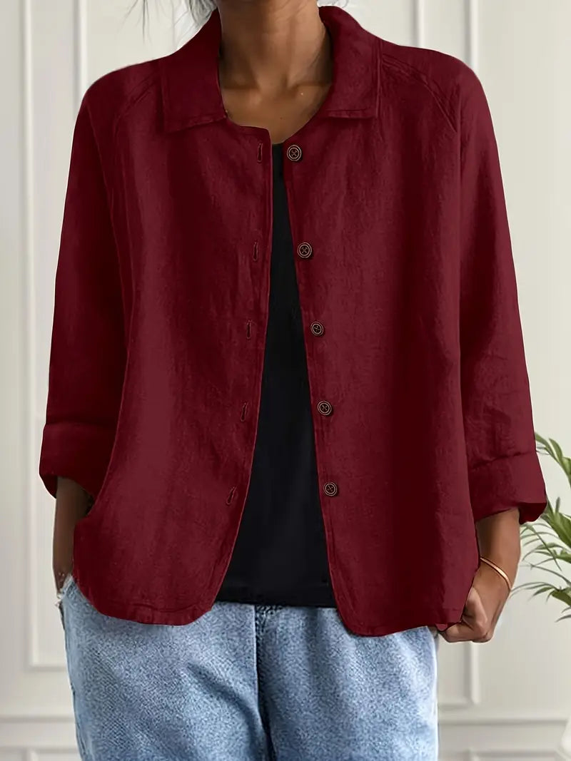 Women's casual button front jacket full length view