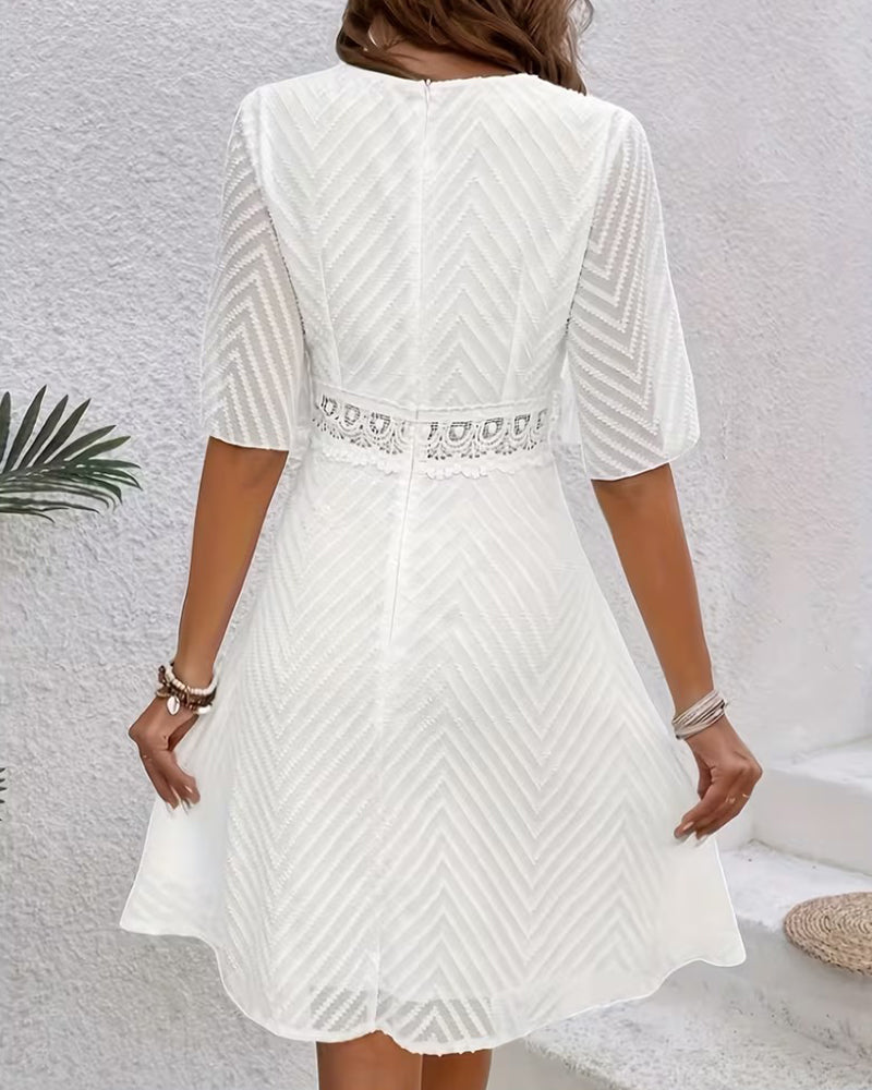 White cutout lace patchwork mini dress, full view