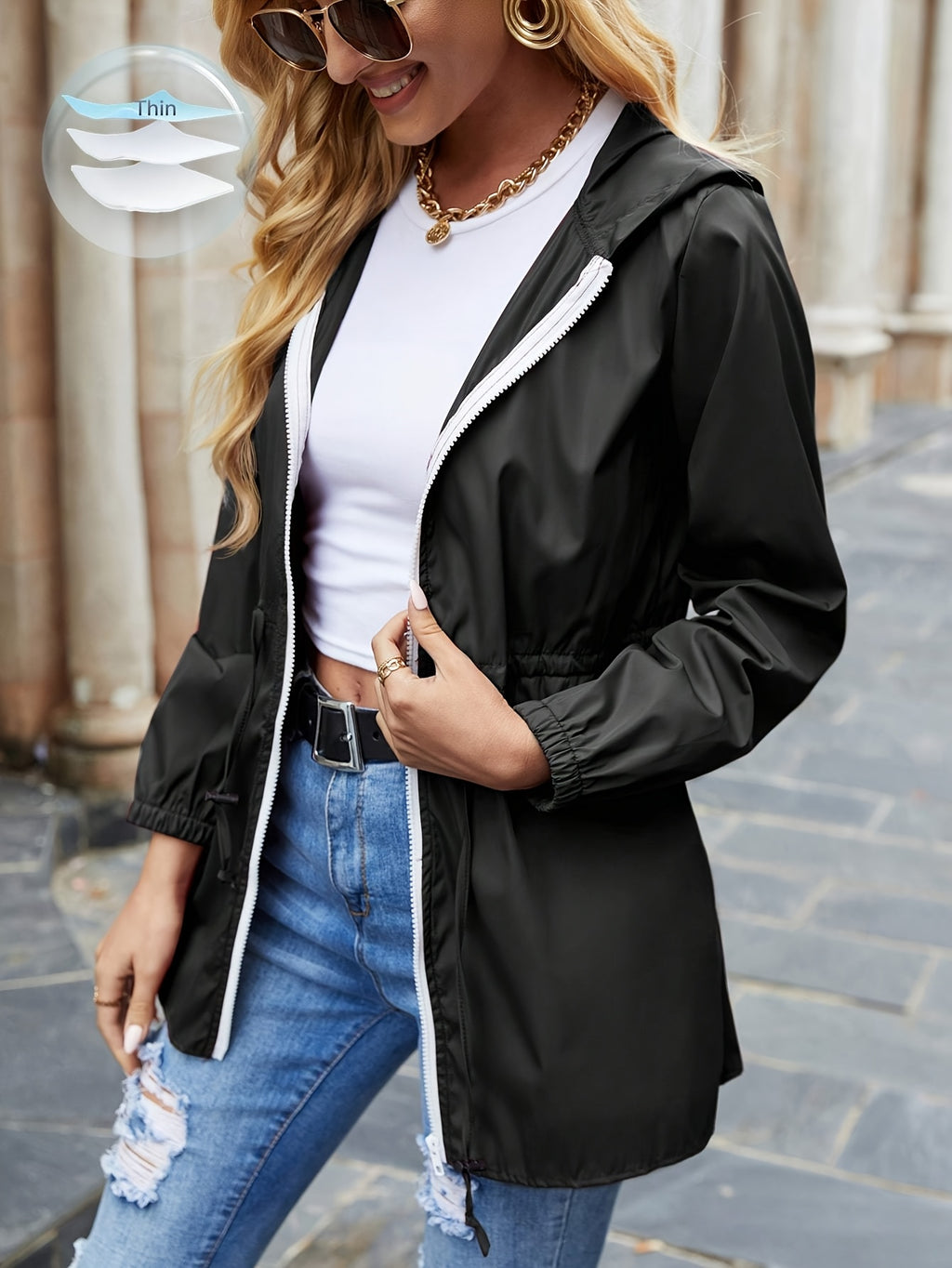 Black drawstring hooded jacket, front view