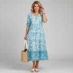 Women's teal floral midi dress – tiered 3/4 sleeve summer dress