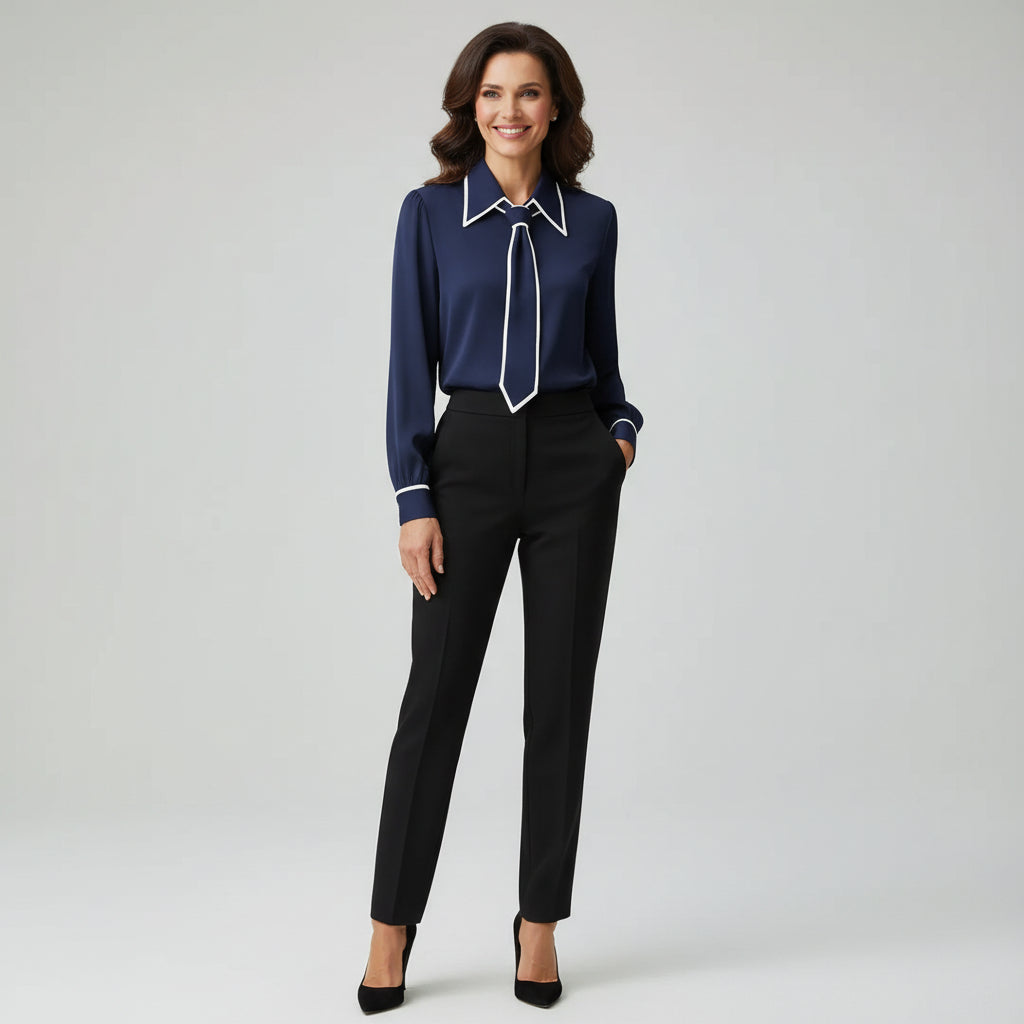 Women's necktie blouse in navy – long sleeve contrast trim front view