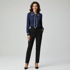 Women's necktie blouse in navy – long sleeve contrast trim front view