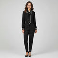 Women's necktie long sleeve blouse in black – contrast trim front view