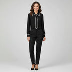 Women's necktie long sleeve blouse in black – contrast trim front view