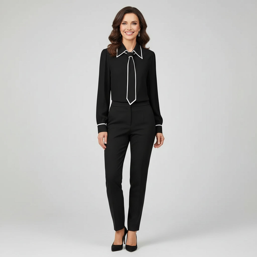 Women's necktie long sleeve blouse in black – contrast trim front view