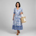Blue floral midi dress for women – V-neck 3/4 sleeve tiered style