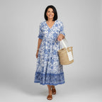 Blue floral midi dress for women – V-neck 3/4 sleeve tiered style