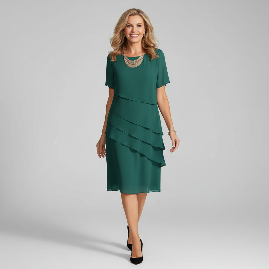 Women's teal tiered chiffon midi dress – short sleeve layered occasion dress