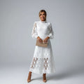 Long sleeve high neck lace wedding guest midi dress in White, front view