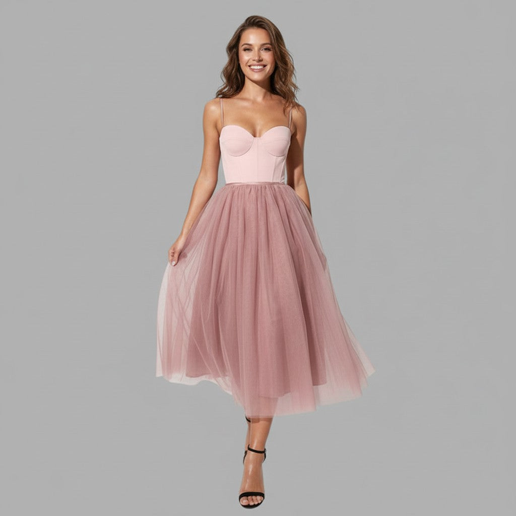 Sleeveless tulle midi dress in pink – layered skirt side slit front view