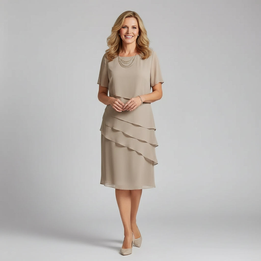 Women's tiered chiffon midi dress in beige – short sleeve layered occasion dress