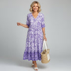 Lavender purple floral midi dress for women – 3/4 sleeve V-neck