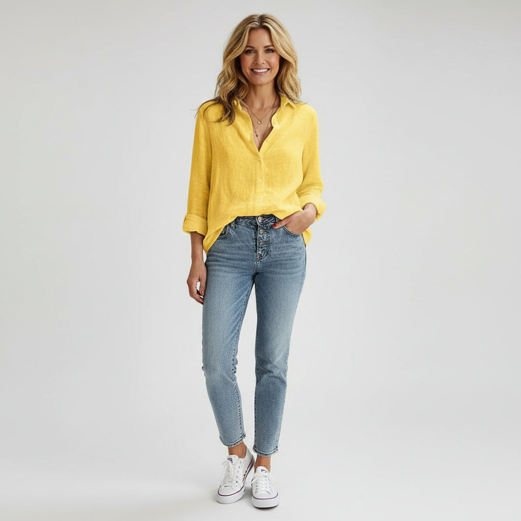 Lavinia women's linen blouse, fabric detail close-up