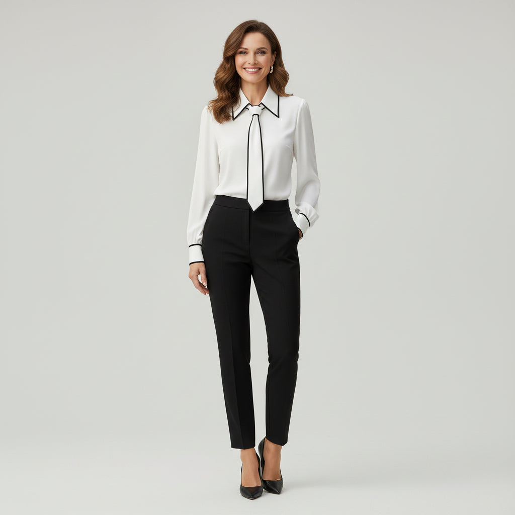 Necktie long sleeve blouse in white – women's smart work top front view