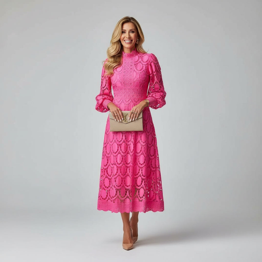 Long sleeve high neck lace wedding guest midi dress in Pink, front view