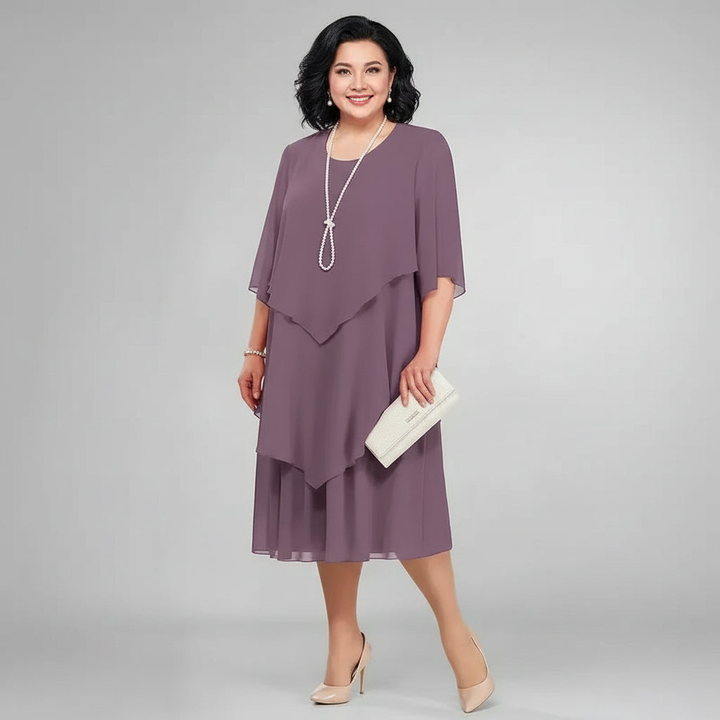 Classic Layered Chiffon Midi Dress with Sheer Cape Overlay