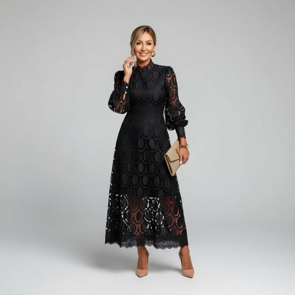 Long sleeve high neck lace wedding guest midi dress in Black, front view
