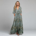 Women's floral embroidered maxi dress in sage green – front view
