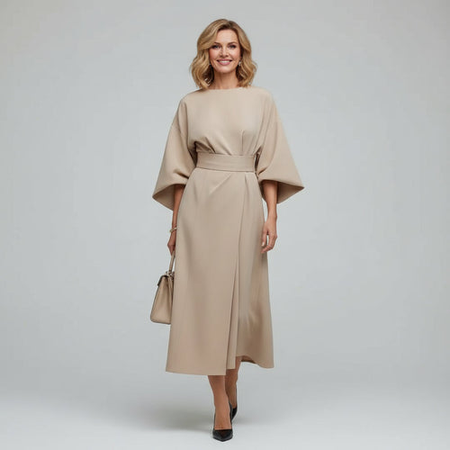 Wide sleeve belted flowing midi dress in beige camel – front view