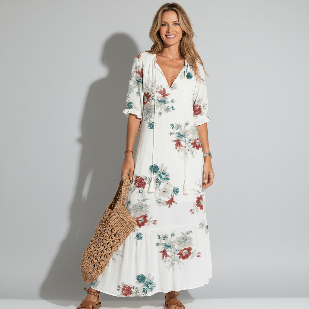 Riley women's floral V-neck maxi dress, side view