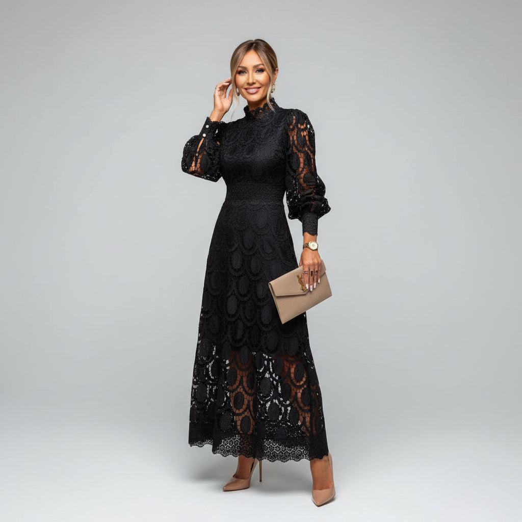 Long Sleeve High Neck Lace Maxi Dress