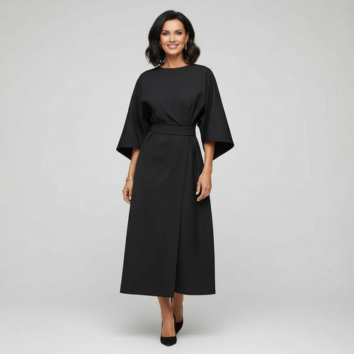 Women's belted midi dress with wide sleeves in black – front view