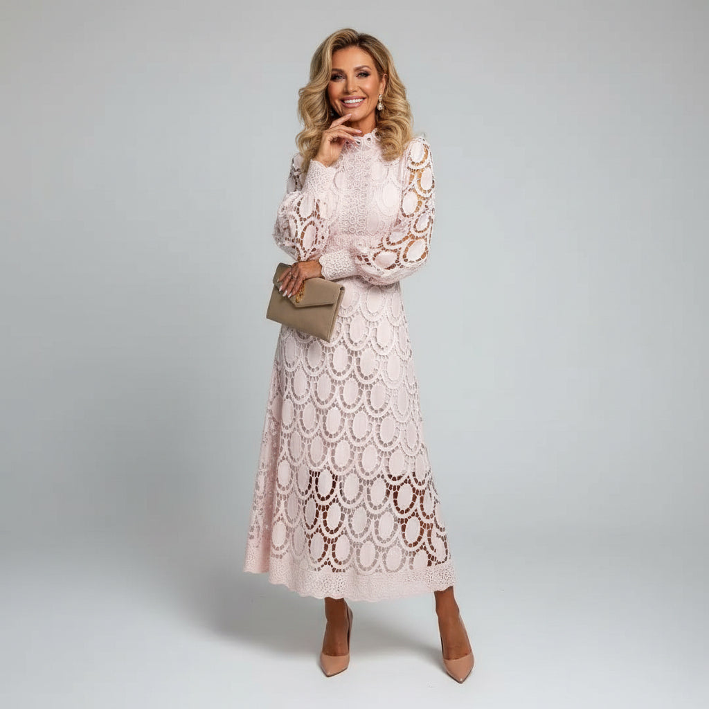 Long sleeve high neck lace wedding guest midi dress in Light Pink, front view