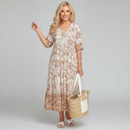 Women's beige floral midi dress – V-neck tiered A-line silhouette