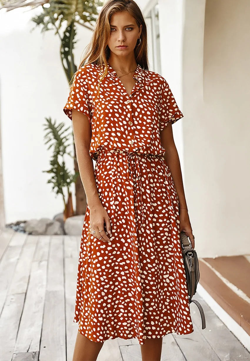 Women's Light Print Flowing Midi Dress close-up - Casual Summer Wedding Guest Midi Dress