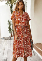 Women's Light Print Flowing Midi Dress close-up - Casual Summer Wedding Guest Midi Dress