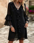 Ruffle flare sleeve V-neck mini dress, front view