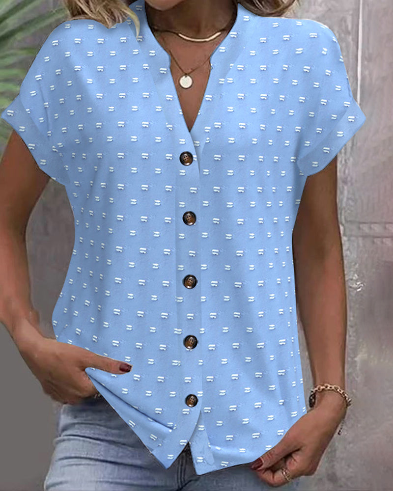 Drop shoulder V-neck buckle detail short sleeve blouse, front view