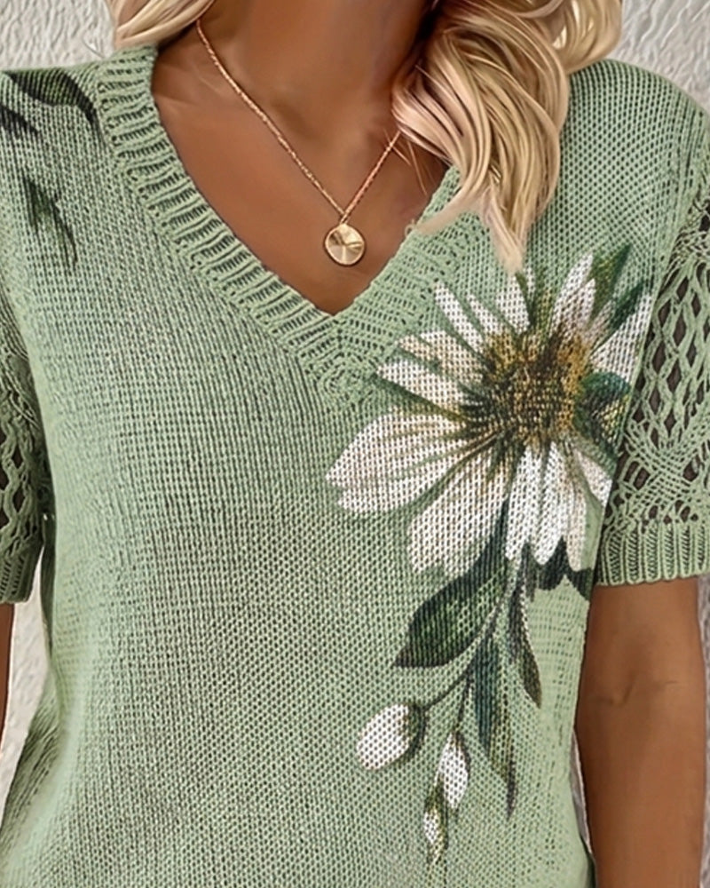 V-Neck Floral Knitted Jumper