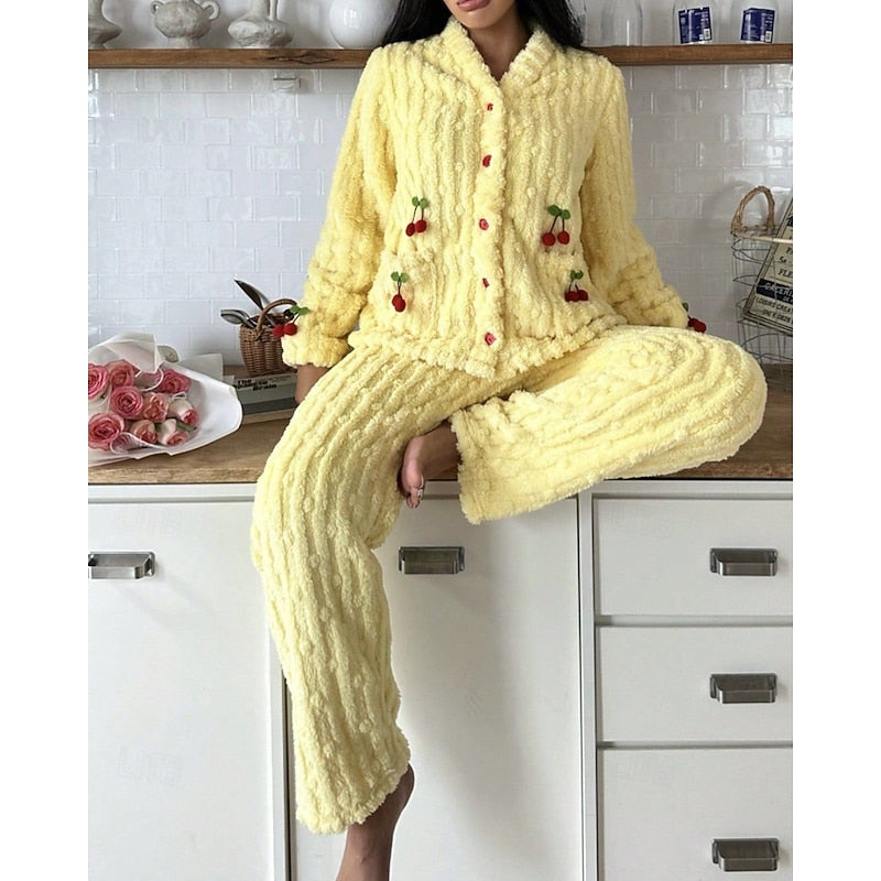 Yellow fluffy cherry-detail Loungewear Set