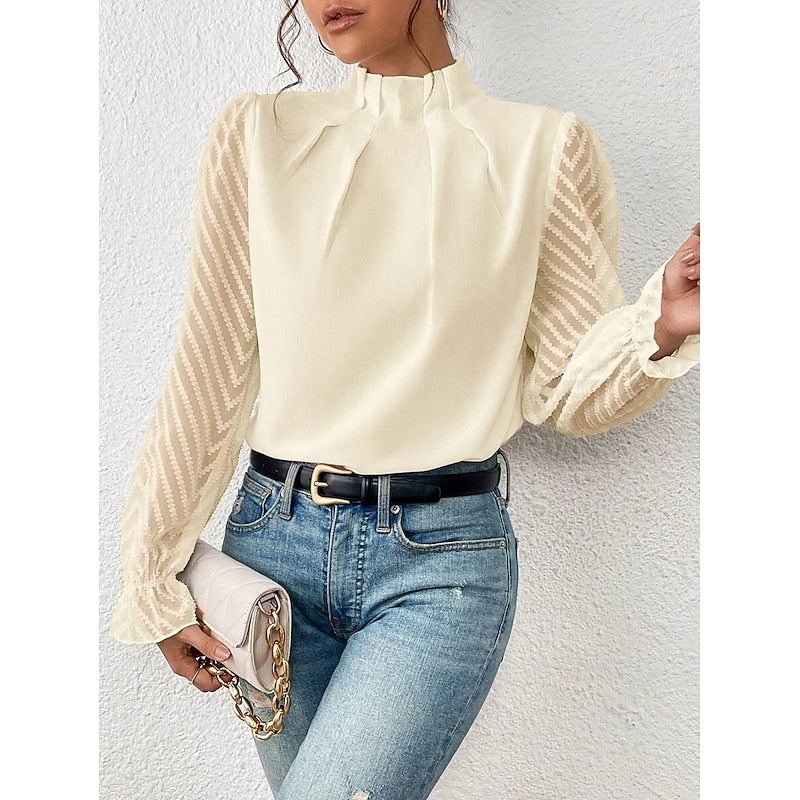High-Neck Long Sleeve Blouse with Pleated Detail