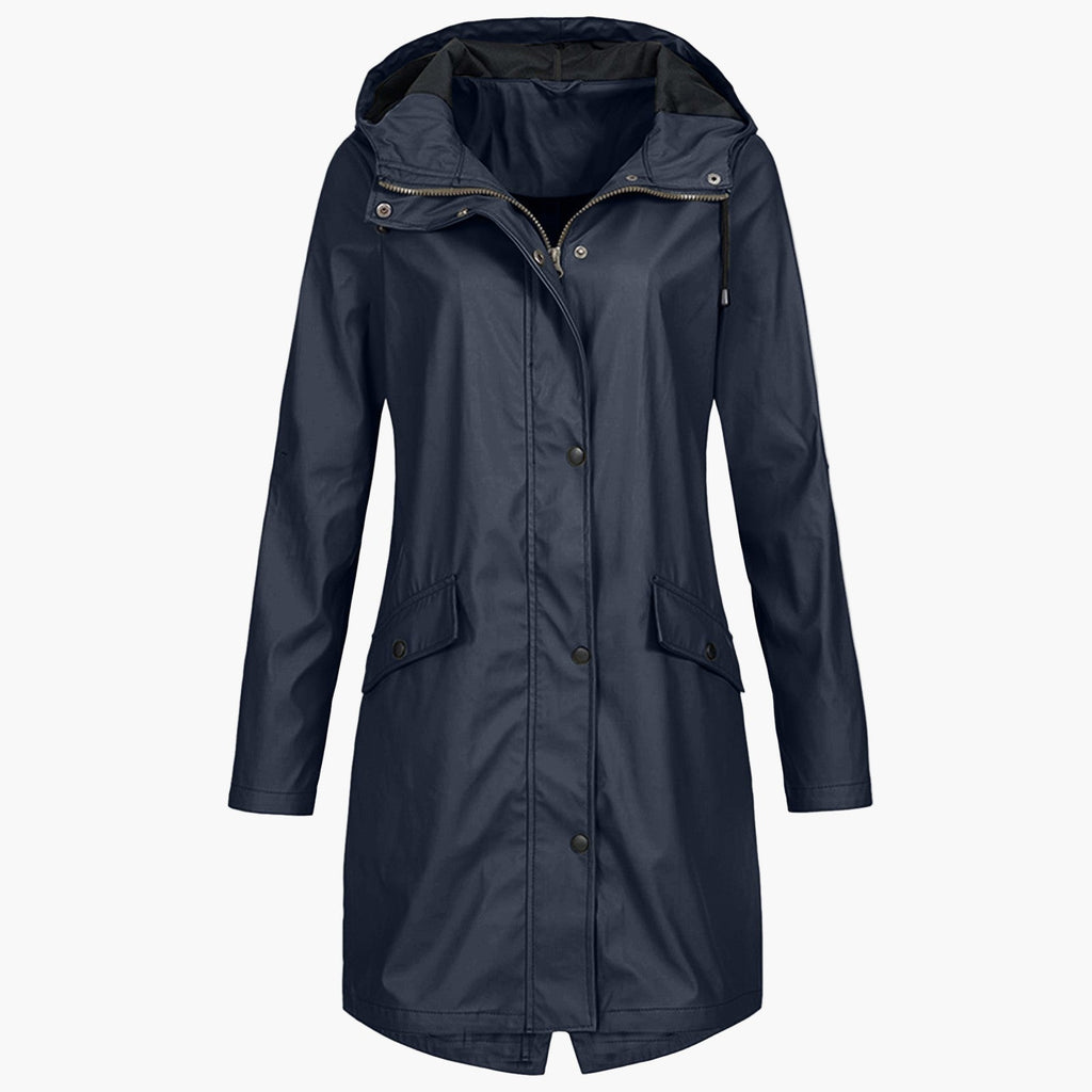 Navy Blue waterproof hooded Raincoat, front view