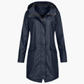 Navy Blue waterproof hooded Raincoat, front view