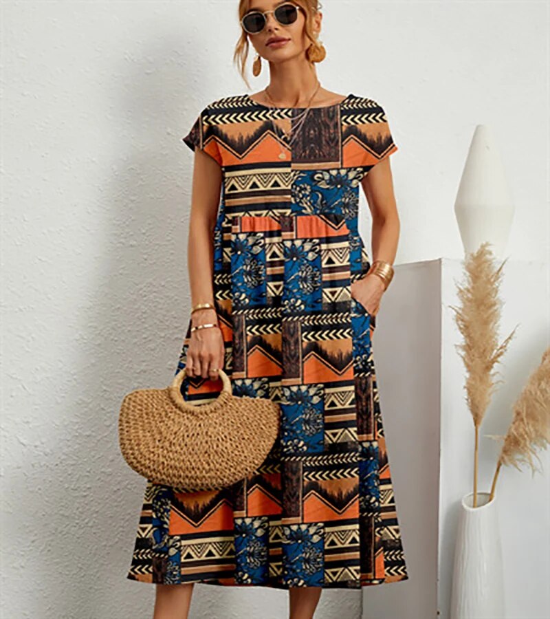 Floral A-line summer dress in cotton blend, back view