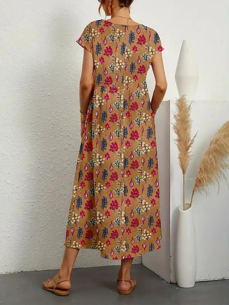 Floral A-line summer dress in cotton blend, side profile view