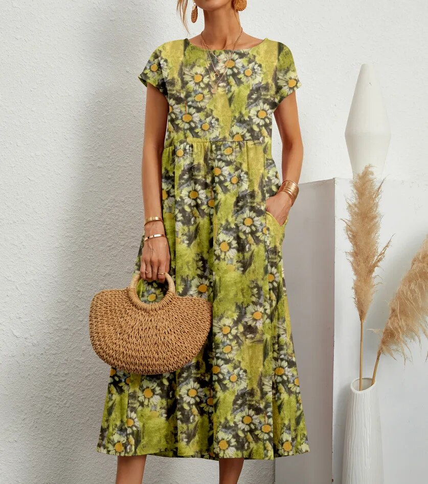Floral A-line cotton blend summer dress, full length silhouette