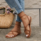 Women's Criss-Cross Flat Sandals worn view - Vegan Leather Buckle Strap Sandals