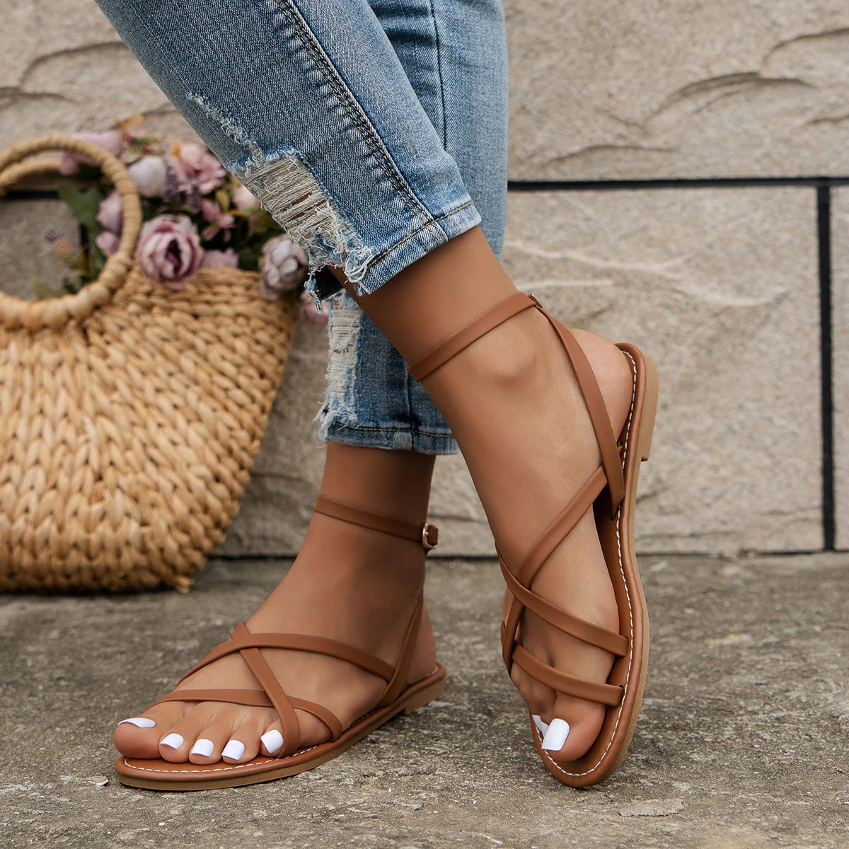 Women's Criss-Cross Flat Sandals worn view - Vegan Leather Buckle Strap Sandals