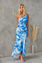 Women's bold print one shoulder pleated maxi dress, movement shot