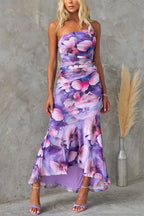 Women's one shoulder pleated maxi dress in bold print, elegant party style, front view