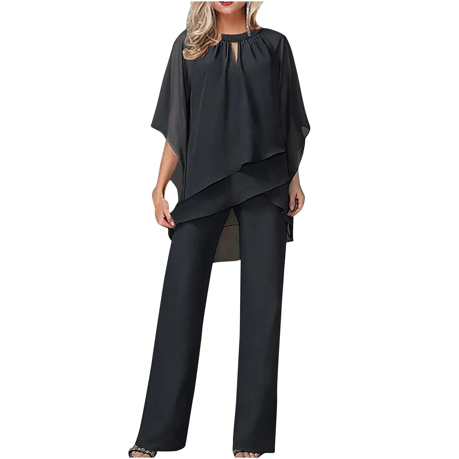 Asymmetric chiffon trouser set in alternate colour, front view