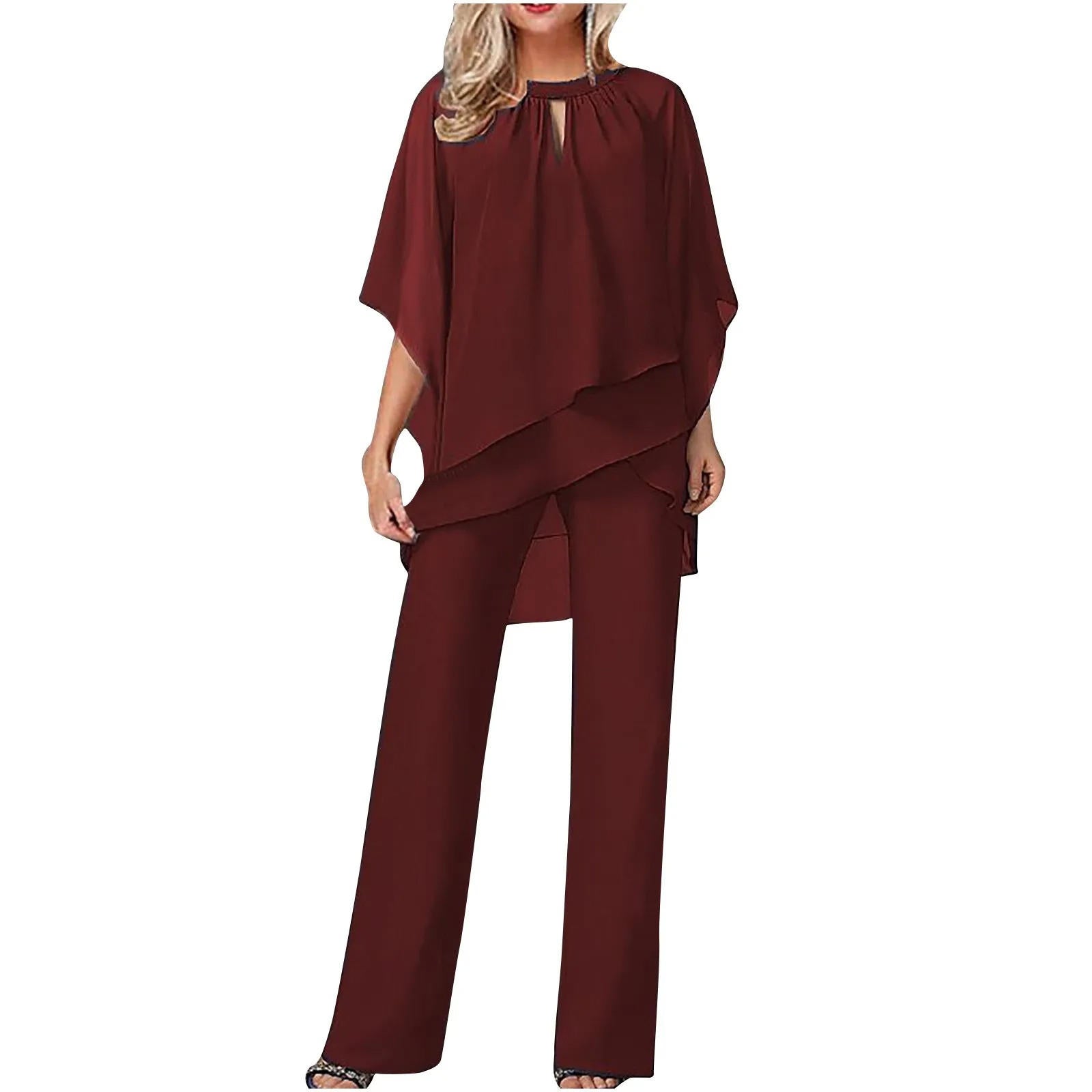 Chiffon trouser suit with flowing overcoat and wide-leg trousers, side view